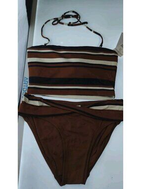 NWT Robin Piccone Bikini Set M Brown Stripe Bandeau Halter Top Wrap Bottom
